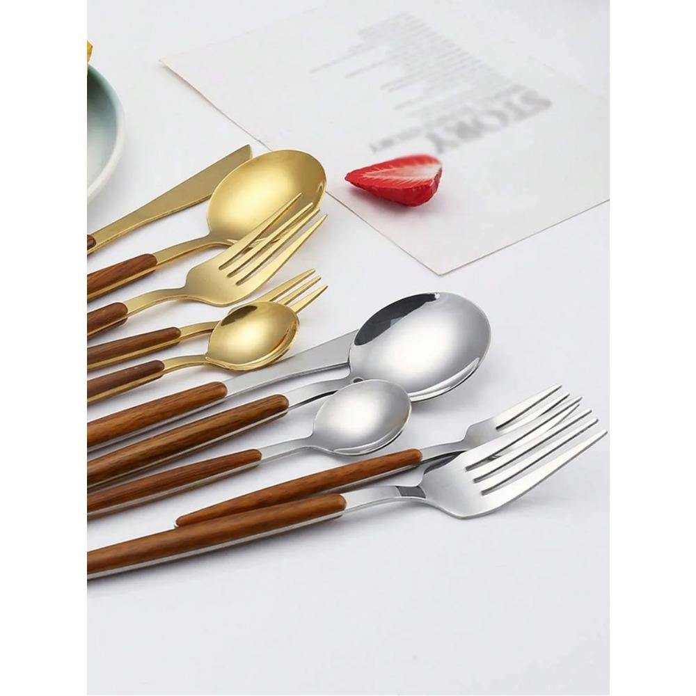 5/20/30pcs Stainless Steel Cutlery Set, Portuguese Imitation Wood Grain Plastic Handle Cutlery, Suitable for Kitchen, Hotel