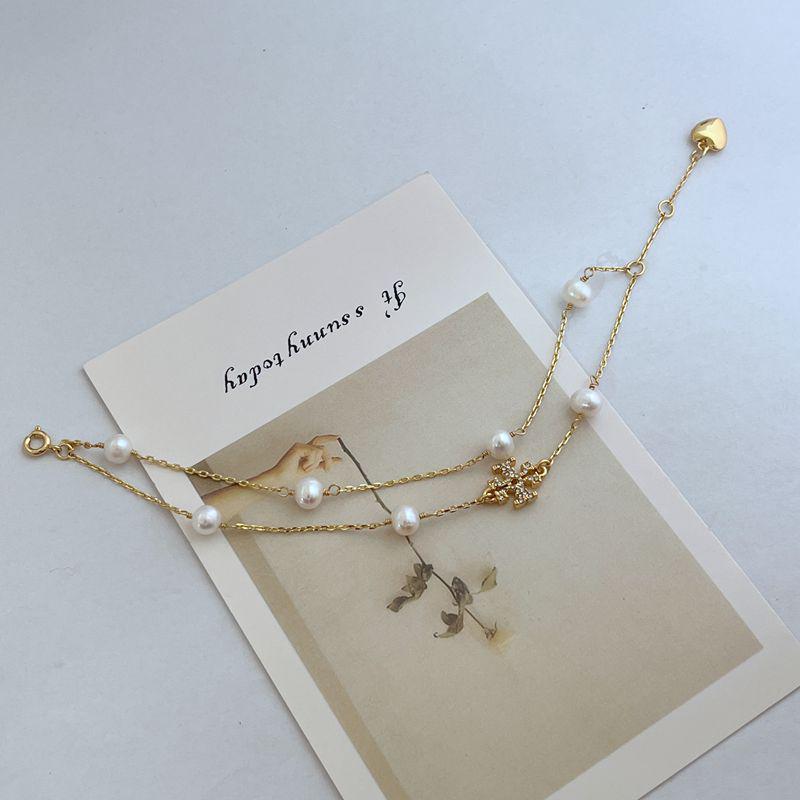 European & American Fashion Luxury Double Layer Bracelet with Rhinestones, Freshwater Pearls, and English Letter Charms for Women