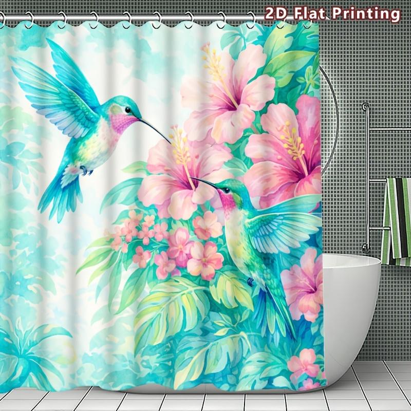 4Pcs Hummingbird And Shower Curtain Set with Non-Slip Bath Mat, Toilet Lid Cover, Contour Rug & 12 Hooks, Bathroom Decor
