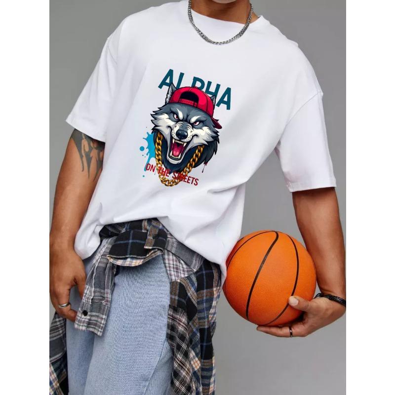 Alpha Wolf Graphic T Shirt White Street Style Wolf with Red Cap and Gold Chain Print for Casual Wear