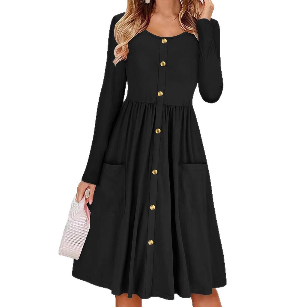 2025 Autumn Cross-Border Women's A-Line Dress - Waist-Cinching, Round Neck, Button Pocket, Knit Long Sleeve