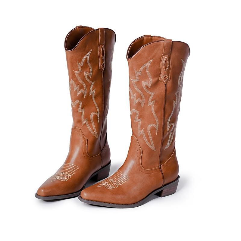 

Длинные сапоги-казаки из кожи, весна, осень и зима, новые, на толстом каблуке 35-41, с вышивкой на голенище, женские 41 белый