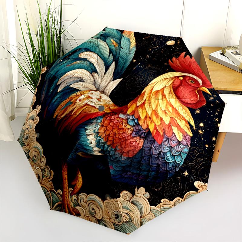 Tiger and Rooster  pattern, automatic folding umbrella, portable and foldable design, 8 ribs, a Christmas or birthday gift.