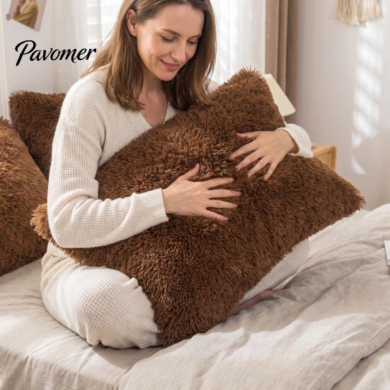 Bed Pillow Case Shaggy Faux Fur Pillowcase, Fluffy Plush Cover, Fuzzy Skin Friendly Sham Solid Color for Autumn Winter Covers