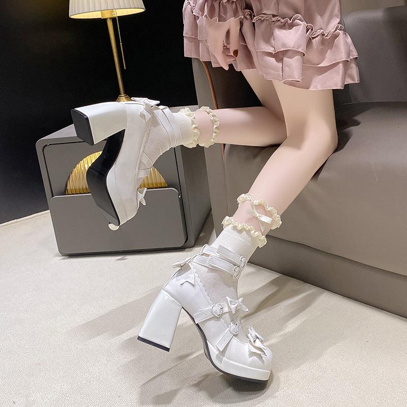 Versatile High-heeled Sandals 2025 Lolita Sweet Bow Light Mouth Round Head Thick Heel Buckle Women Princess Shoes