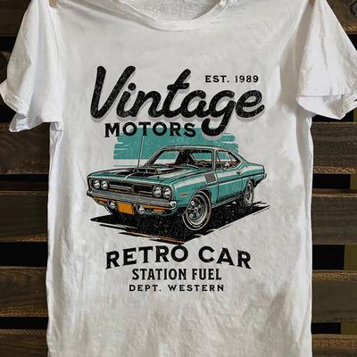 Mens Retro 80s Car Pattern Tshirt 100 Cotton Soft Breathable Short Sleeve Round Neck Casual Summer Top Classic Round Neck