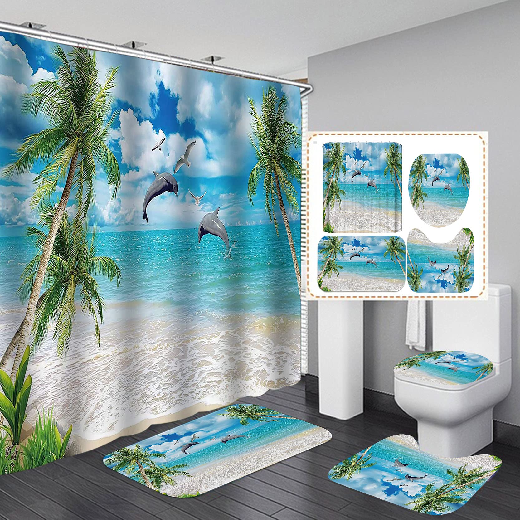 

Fashion Sea World Dolphin Shower Curtain Set Bathroom Shower Curtain Set Non-Slip Bath Mat Toilet Lid Cover Polyester Waterproof W60H190(CM)-1 Pcs