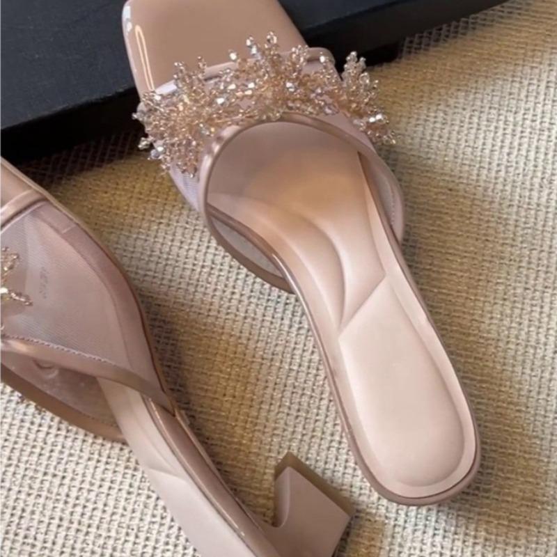 Fashion Square Toe Mesh Beautiful Slippers for Women Summer Outside Wear with Skirt New Rhinestone Flower Block Heel High Heels