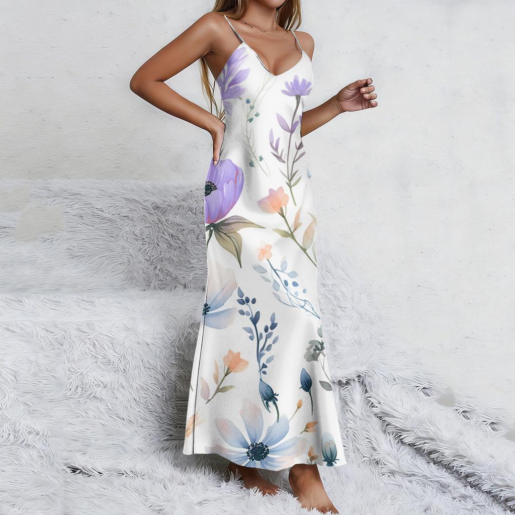 Ladies' floral nightgown sexy suspender nightgown slit sexy thin home outfit