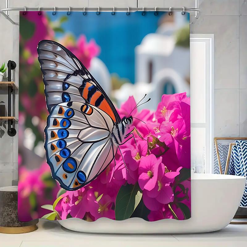 

Elegant Butterfly On Vibrant Flowers Shower Curtain – Perfect Home Decor For Your Bathroom Waterproof Durable Elevate Space W60H190(CM)-1 Pcs