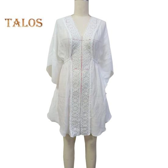 Cover Up Dress V-Neck Batwing Sleeve Hollow Pattern Neckline Bikini Swimsuit Cover Up with Elastic Waist Summer Outdoor Wear
