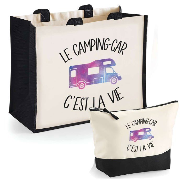 Duo cabas jute et trousse Camping Car C'est la vie Cadeau Prénom Femme Anniversaire Noël | Sac courses Pochette Maquillage Shopping