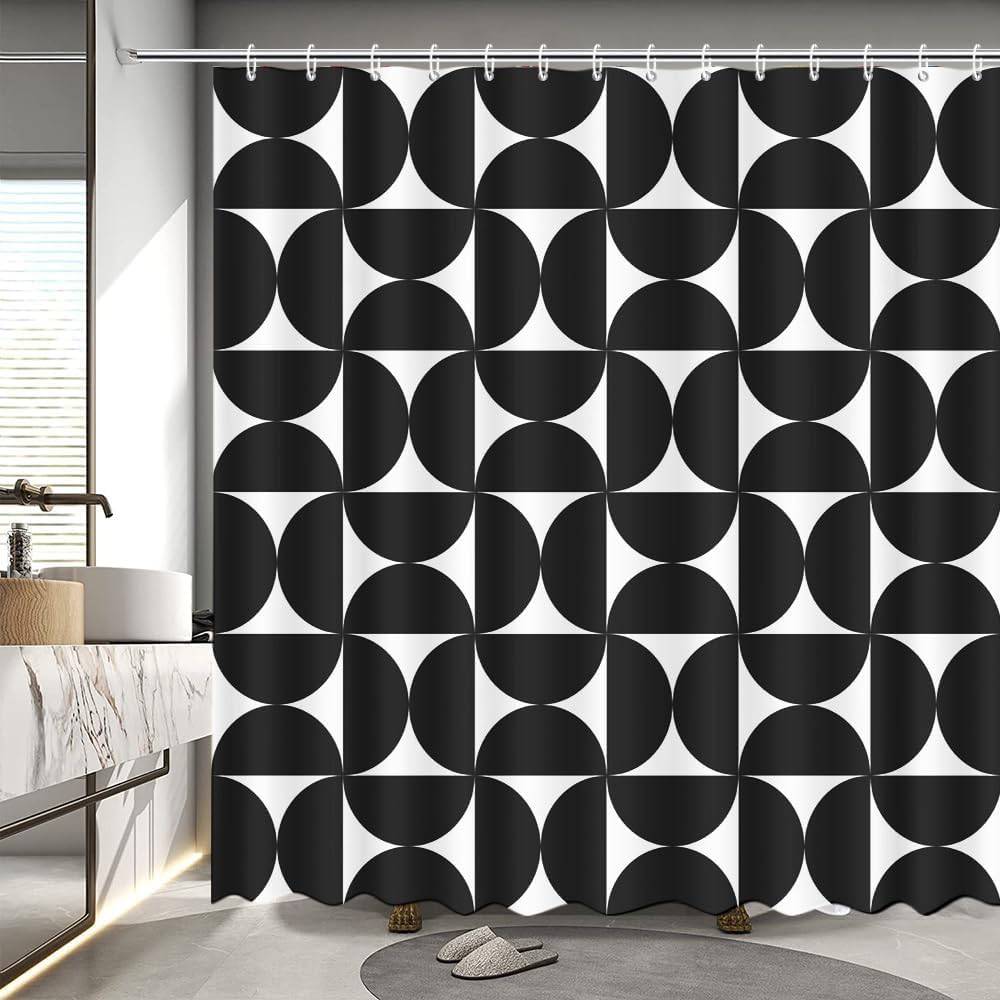 Orange Floral Shower Curtain, Vintage Mid-Century Abstract Geometric, Boho Retro Bathroom Decor, Waterproof Fabric