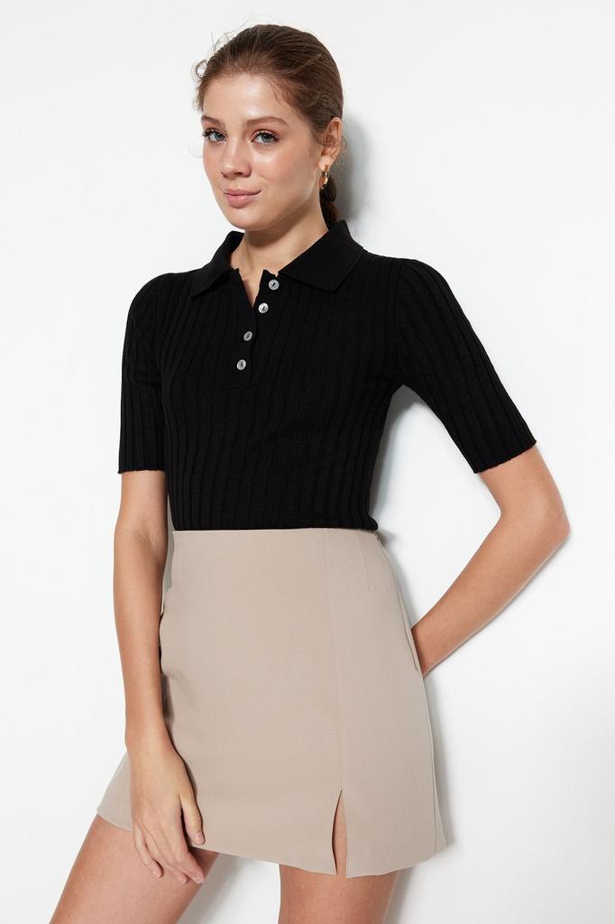 Women's Fashionable Stylish Sweater Mink Basic Polo Neck T-Shirt Look Knitwear Sweater