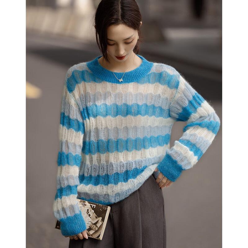 Demana Women's Merino Mohair Blend Hollow-Out Striped Knit Sweater
