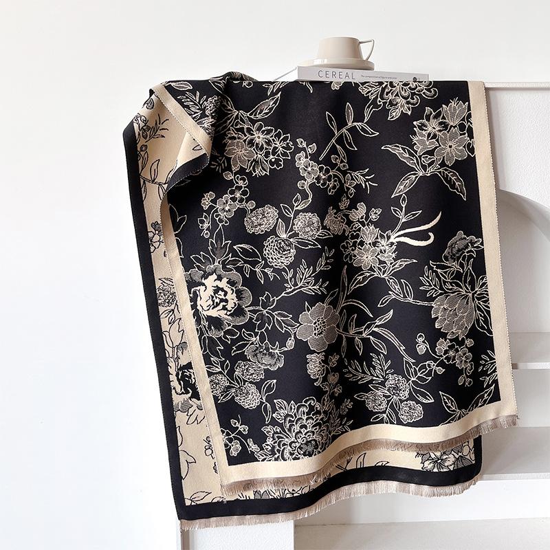 Flower And Plant Texture Double-Sided Scarf, Winter High-End Warm Shawl, Outer Cover For Women