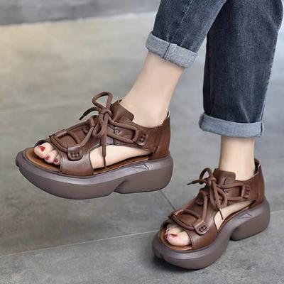 Platform Sandals Fish Mouth Roman Women's Summer 2025 New Casual Solid Color Shoes Lace-up Muffin Retro Hollow Sandals