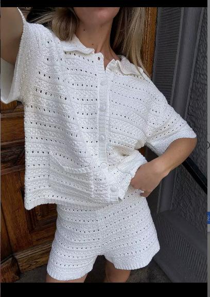 2026 New Spring and Summer European and American Beach Blouse Short Sleeve Solid Color Empty Knitted Cardigan Shorts Two-piece Women's Set