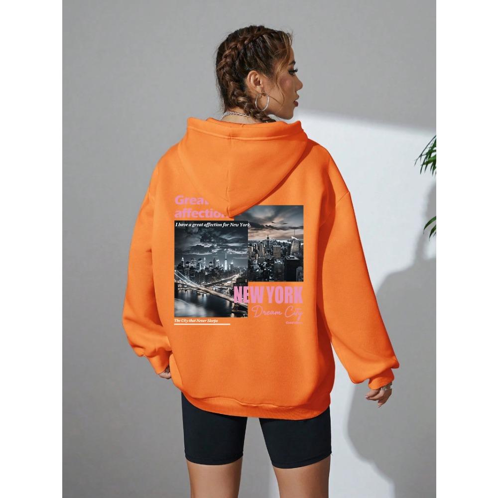 New York Dream City Printed Hoodies Casual Fashion Women Pullover Warm Pocket Sweatshirt Oversize Street Clothes