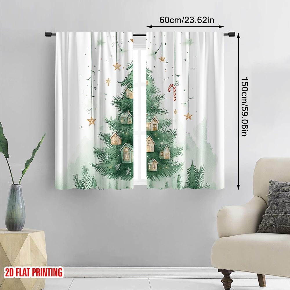 2 Stück, 2D-Flachdruck Vorhänge Weihnachtsbaum Dorf Sterne (2) Vielseitiger Stoff (ohne Stange) Festlich Ldeal für Wohnzimmer,