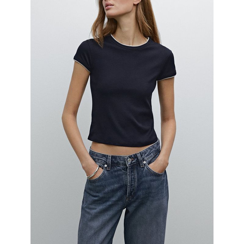 Za2025 Summer New Women clothes Versatile Patchwork Rib Short Version round Neck Short sleeve T-shirt 06234518 251