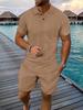 2026 Men's Summer Lapel Short Sleeve Shirt & Shorts Set - Casual Solid Color Jacquard Two-Piece