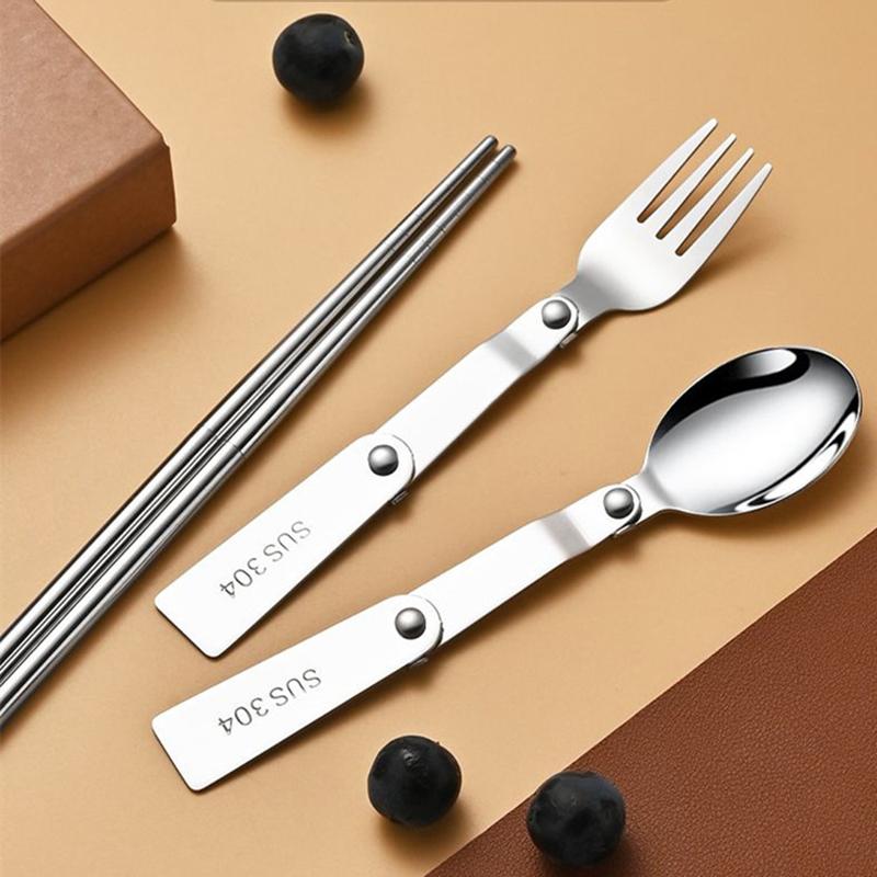1Pc/3Pcs Portable Outdoor Cutleries Stainless Steel Spoon Fork Chopstick For Camping Travel School Use Folding Tablewares