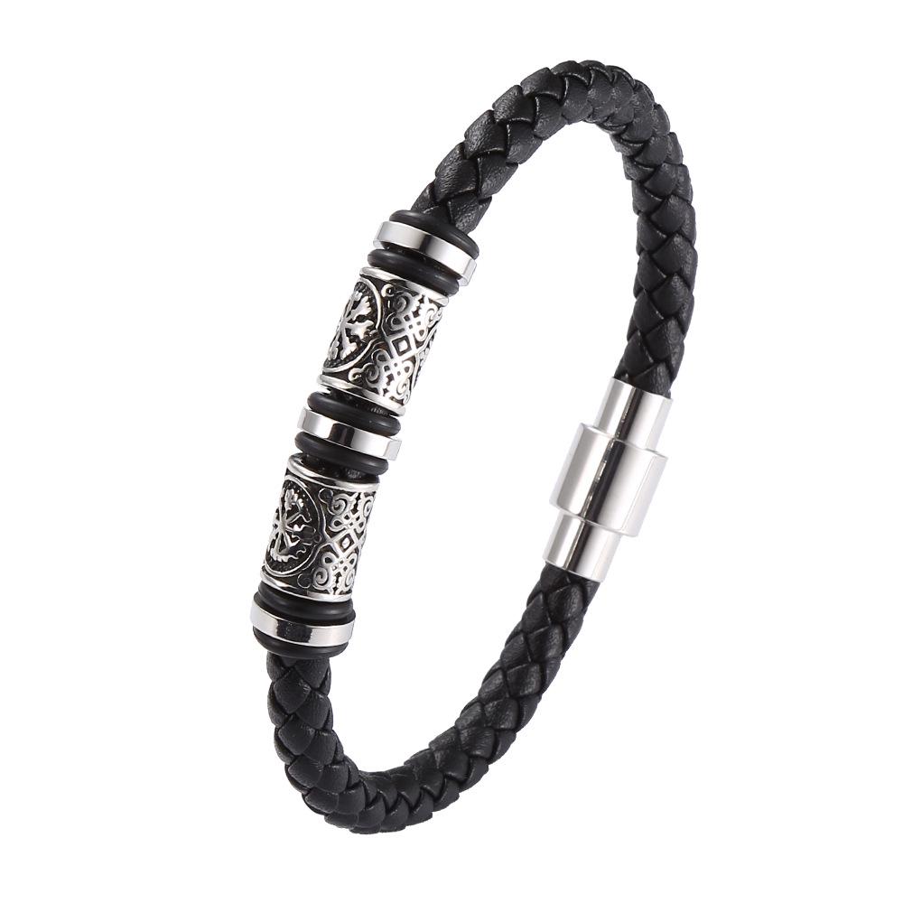 Trendy European-American Woven Leather & Stainless Steel Bracelet