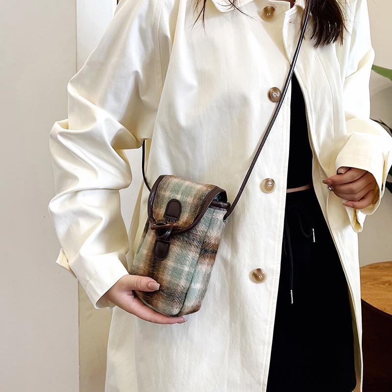 Women's Woolen Plaid Crossbody Mini Phone Bag - Lock Design 2025 Edition