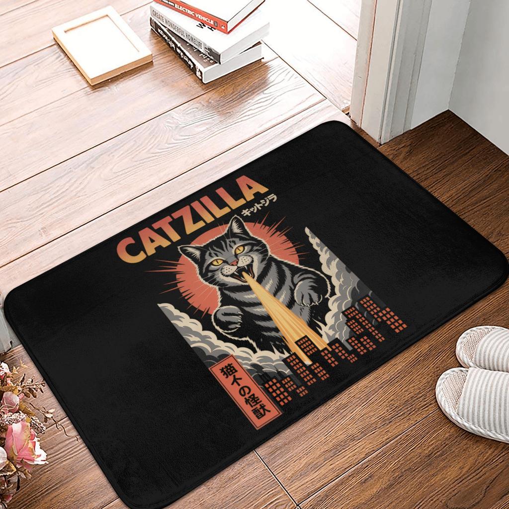 Funny Catzilla Cat Japanese Art Front Door Mat Anti-Slip Indoor Quick Dry Doormat Living Room Entrance Rug Carpet