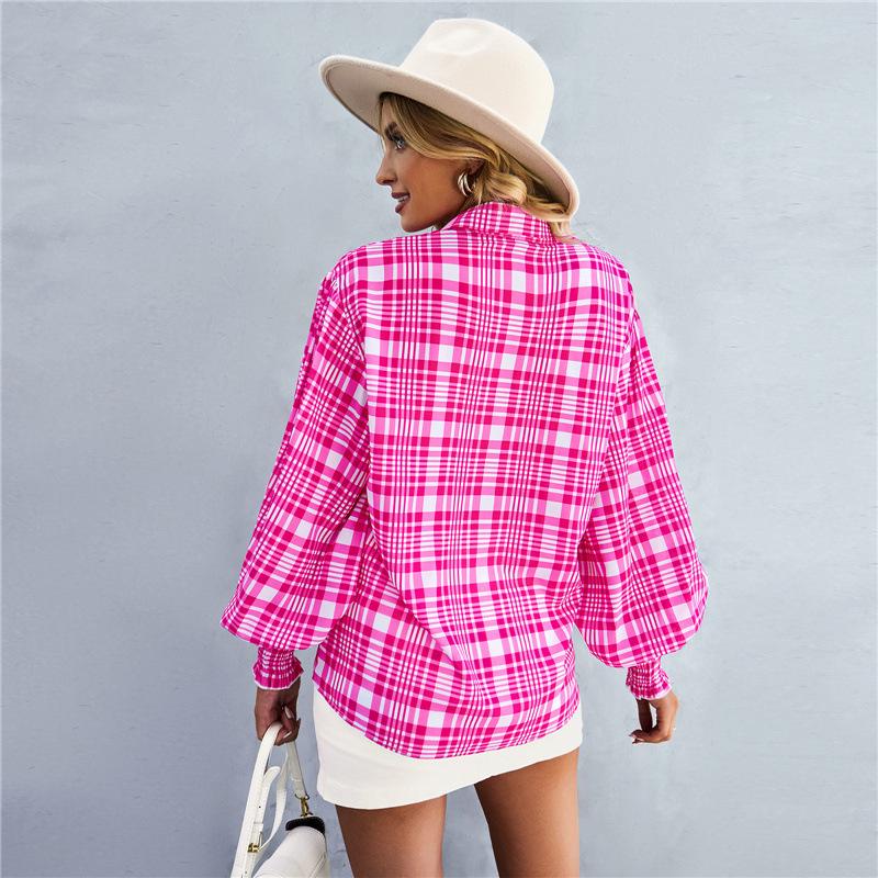 Women's Spring 2025 Long-Sleeve Print Shirt with Turn-Down Collar and Lantern Sleeves