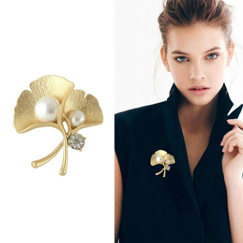 Pearl Ginkgo Leaf Brooches Fashion Jewelry Gift for Female Retro Ancient Gold Plant Clothes Accessories