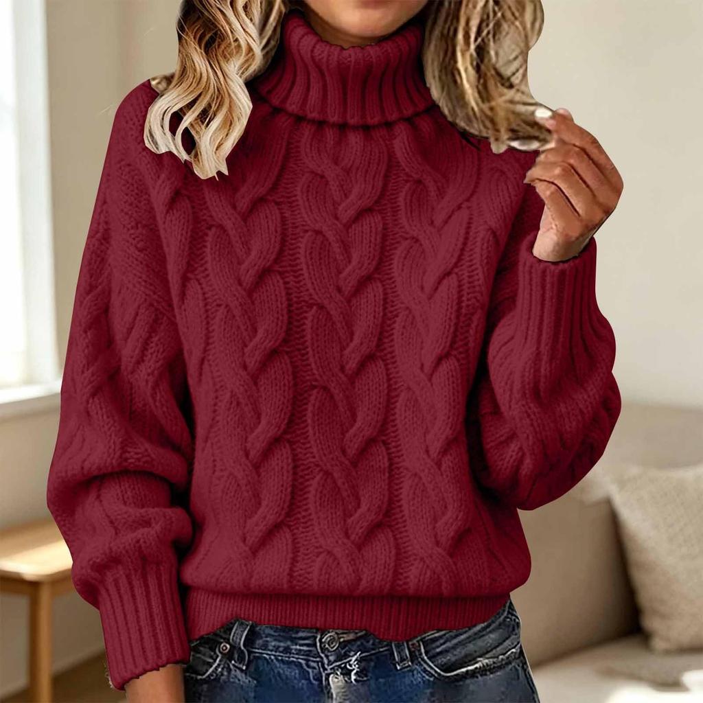 Damen-Strickpullover mit Rollkragen, langen Ärmeln, einfarbig und mit Zopfmuster