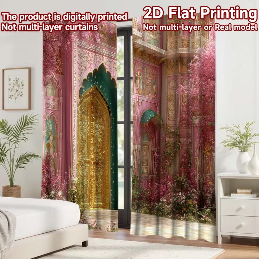 2D Flat Printing 2pcs Curtain Curtains Colorful Floral Palace Door Digital Printed Polyester Drapes Party Decorations Perfect