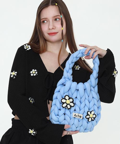 Acho Daisy Flower Knitted Pompon Tote Bag_Blue