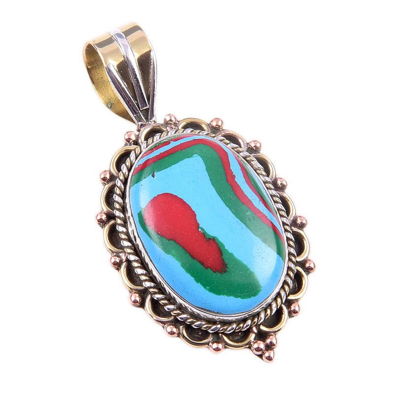 Natural Rainbow Calcica Gemstone 925 Solid Silver Two Tone Pendant 1.50" r8w54