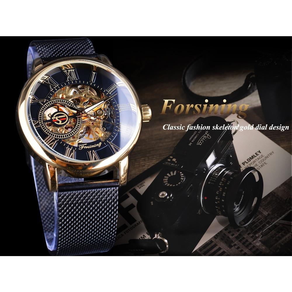 Forsining Ceas Bărbați Moda Ocazional Curea din plasă Hollow Gold Ceas mecanic manual GMT1040-8-A