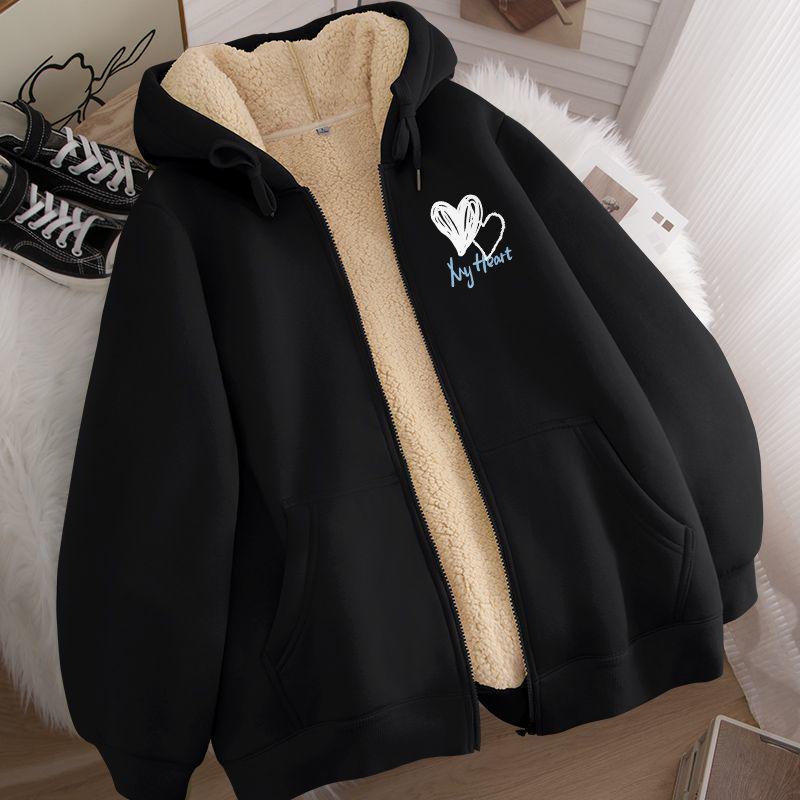 Unisex Hooded Zip-Up Fleece-Lined Cardigan - Warm Winter Lamb Wool Jacket (Apricot)