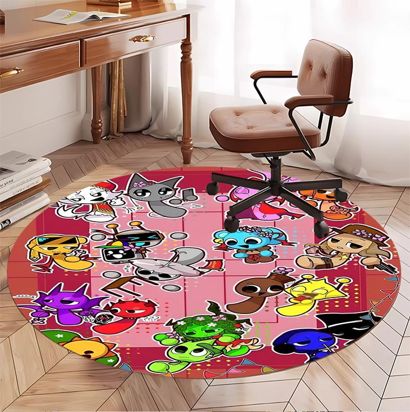Sprunki Game Pattern Round Rug, Indoor/Outdoor Mat, for Picnic, Gameroom, Bedroom, Office, Living Room, Home Decor Carpet, Birthday Gift