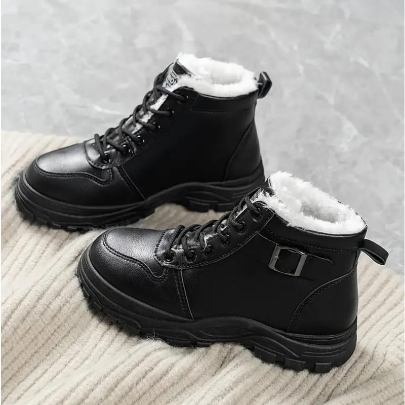 

2024 Новые осенне-зимние женские теплые зимние сапоги с толстым бархатом и ремешками, однотонные короткие сапоги 36 чёрный