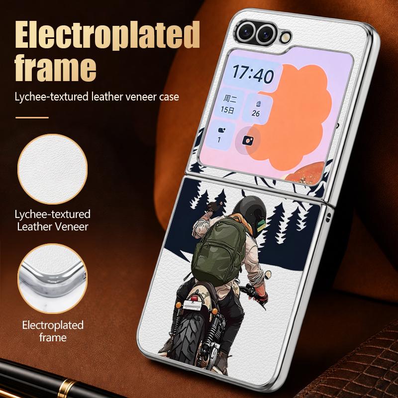 Cool Travel Moto Biker Print Case For Samsung Galaxy Z Flip 8 7 6 5 Z Flip8 Flip7 Flip6 Hybrid 3in1 Plating Leather Skin Folding Phone Cover