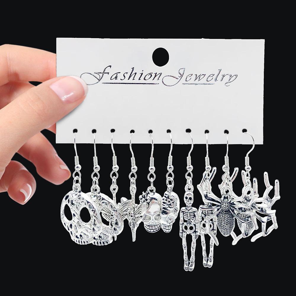Antique Silver Skull & Spider Moth Pendant Earrings Set - 5 Pairs for Men & Women