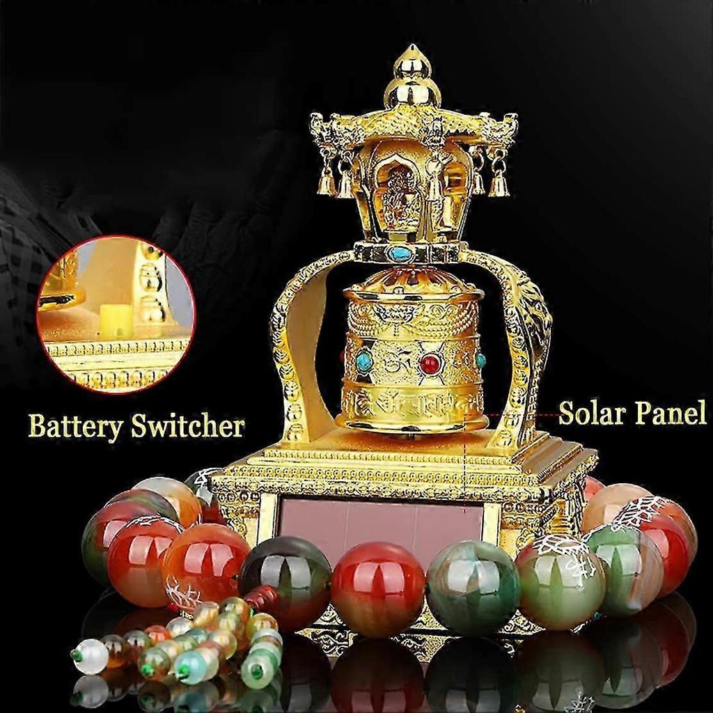 Silent Solar Powered Gold Tibetan Prayer Wheel with 4 Wind Chimes for Home Decor