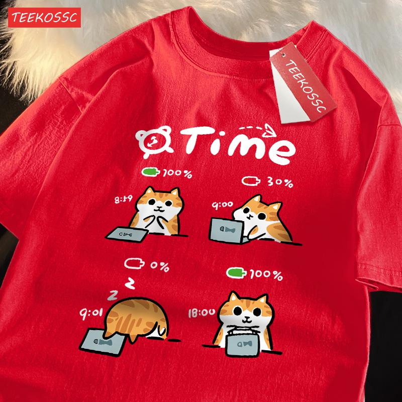A Day When The Working CatS Battery Is Low Cotton Women TShirts Cartoons Prints T Shirts Loose ONeck Soft Tops Summer Clothes