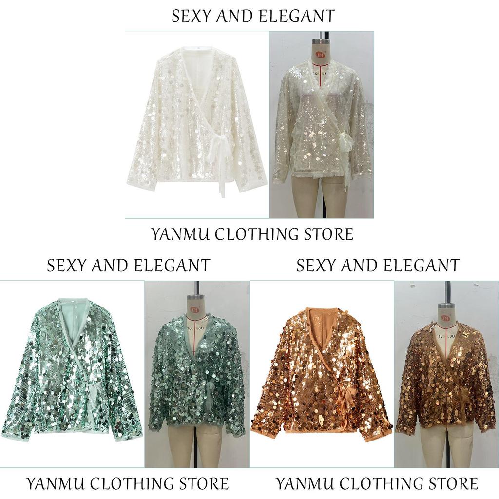 Elegant Polyester Long Sleeve V Neck Blouse With Sequins For Office Women