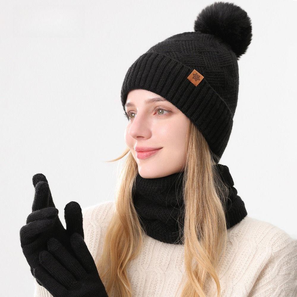 3pcs Wool Hat Scarf Gloves Set Solid Color Winter Beanie Hat Neck Warmer Thermal Knit Cap  Winter