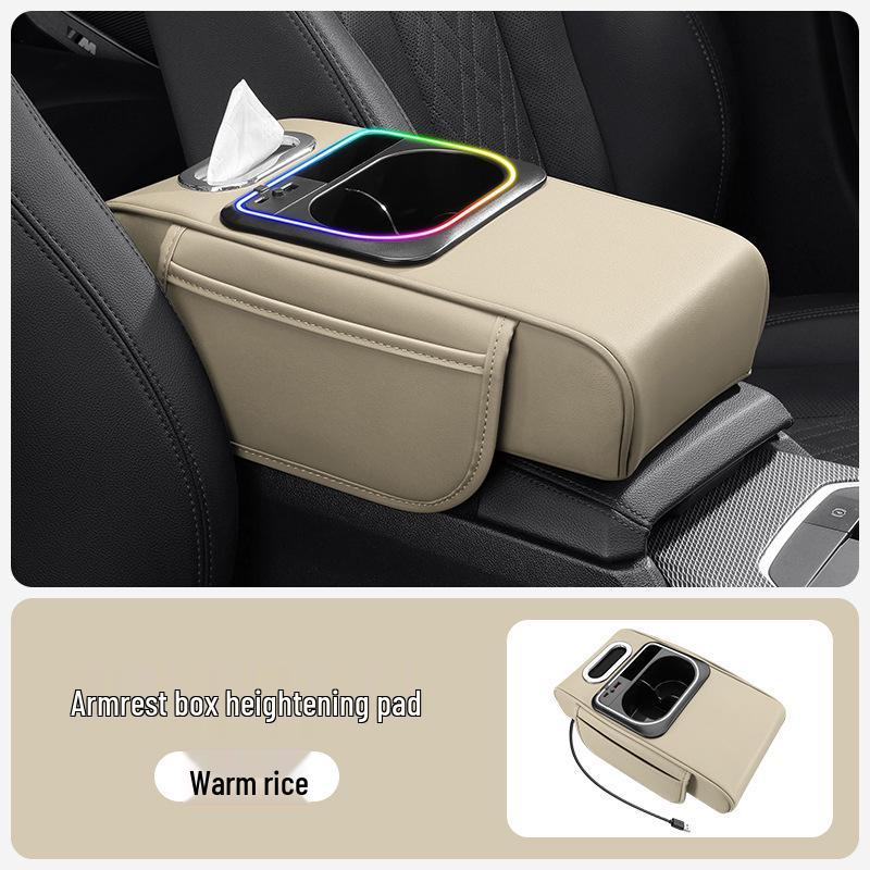 Multifunctional Car Armrest Riser with Dual Fast Charging, Rhythm Light, Cup Holder, and Tissue Box