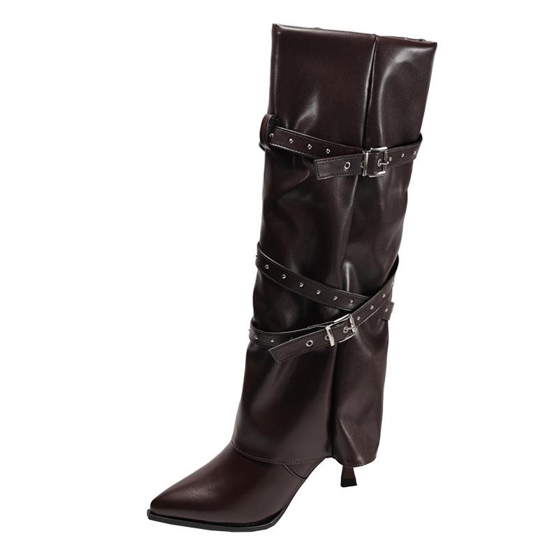 Brown British style but knee pointed stiletto boots women's boots 2025 new autumn retro trouser boots