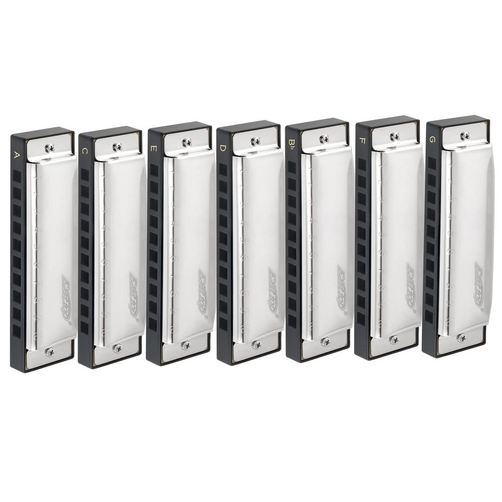 EAST TOP Harmonica Set 7 Tone Bb C D E F 10 Hole Harmonica 10 Holes 20 Tone Stainless Steel Cover ABS Case Clean Cloth Suitable for Learning and