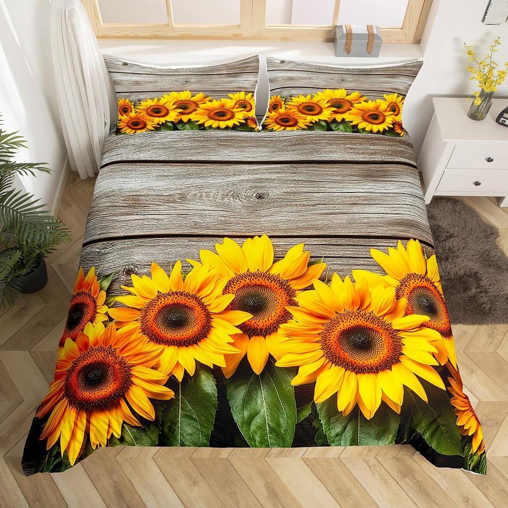 Feelyou Sunflower Duvet Cover Botanical Floral Printed Bedding Set for Kids Women Adults Yellow Blossom Flowers Comforter Cover Wooden Scene